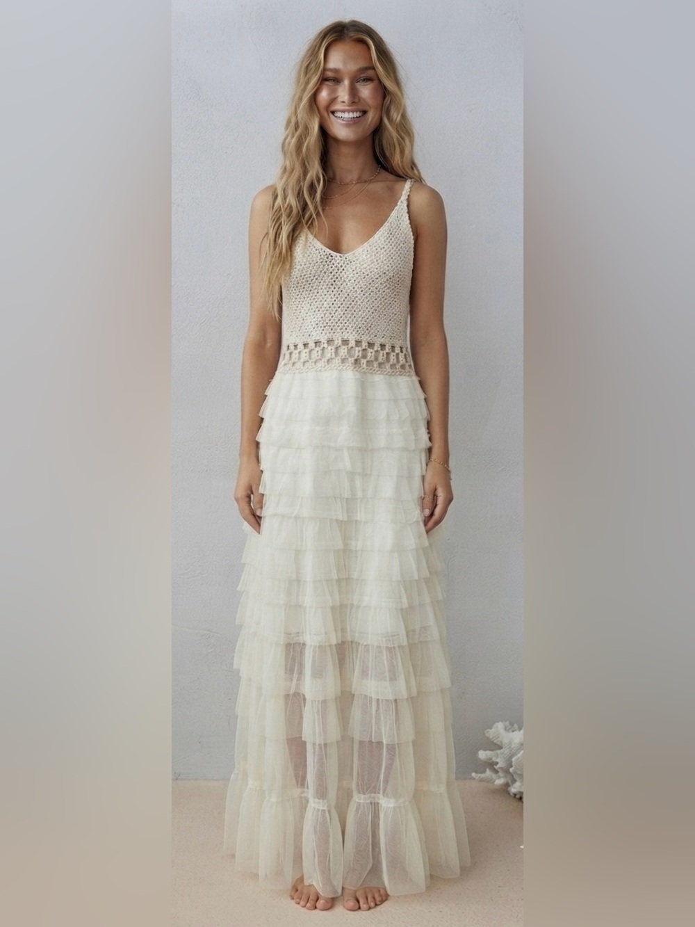 POL Cream Crochet Bodice Ruffled Tulle Maxi Dress